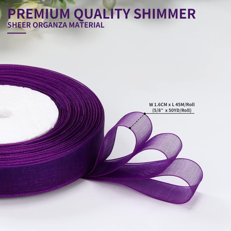 molshine 50 Yards x 5/8 Inch Shimmer Sheer Organza Ribbon,Chiffon Fabric Ribbons for Bouquets Garland,Bowknot,Wedding,Gift Wrapping,Hair,Crafts,Decoration (Purple, 5/8") - Image 2
